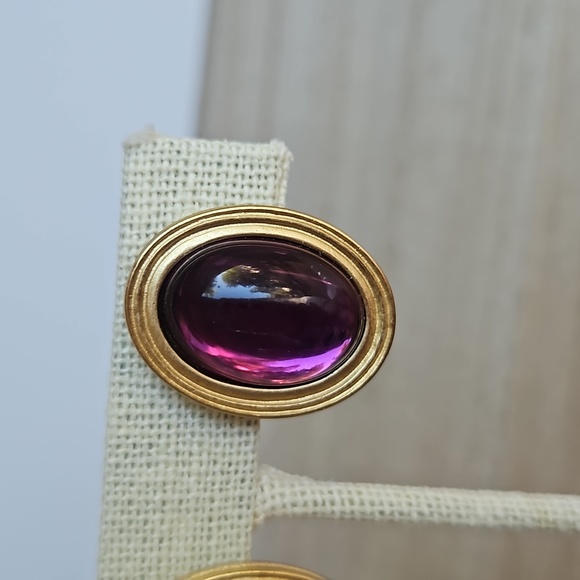 Vintage Monet Purple and Gold Clip Earrings - Picture 2 of 5